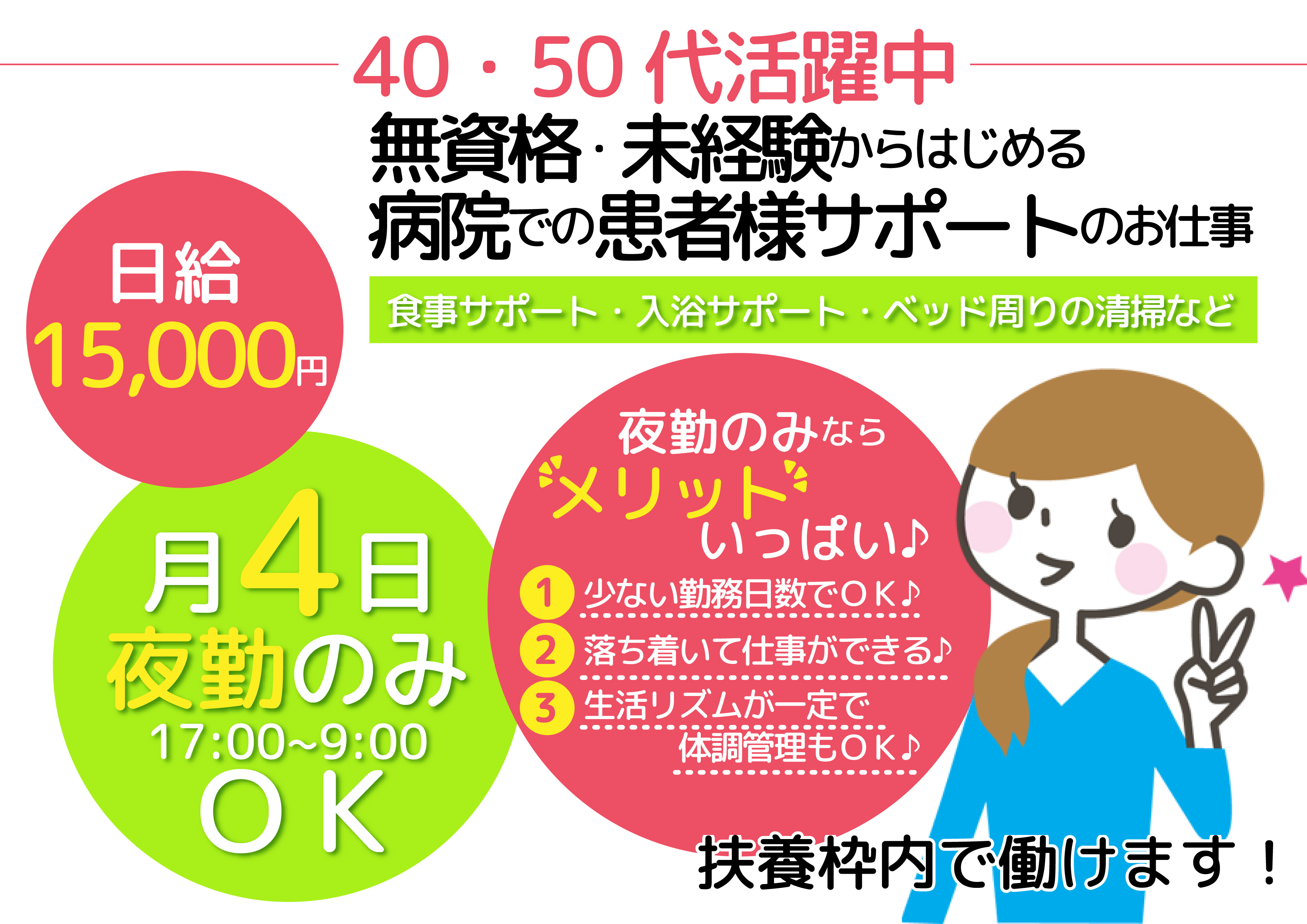 【八潮駅徒歩5分】夜勤のみなら日給15,000円★月4回程度でOKの扶養枠内勤務★入院患者様のサポート業務スタッフ大募集 イメージ